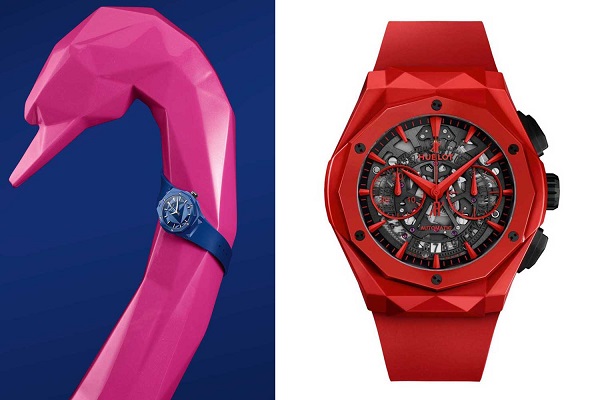 Hublot Classic Fusion 40mm Orlinski Edition bằng gốm xanh lam (trái) và Hublot Classic Fusion Chronograph Orlinski Red Ceramic (phải)